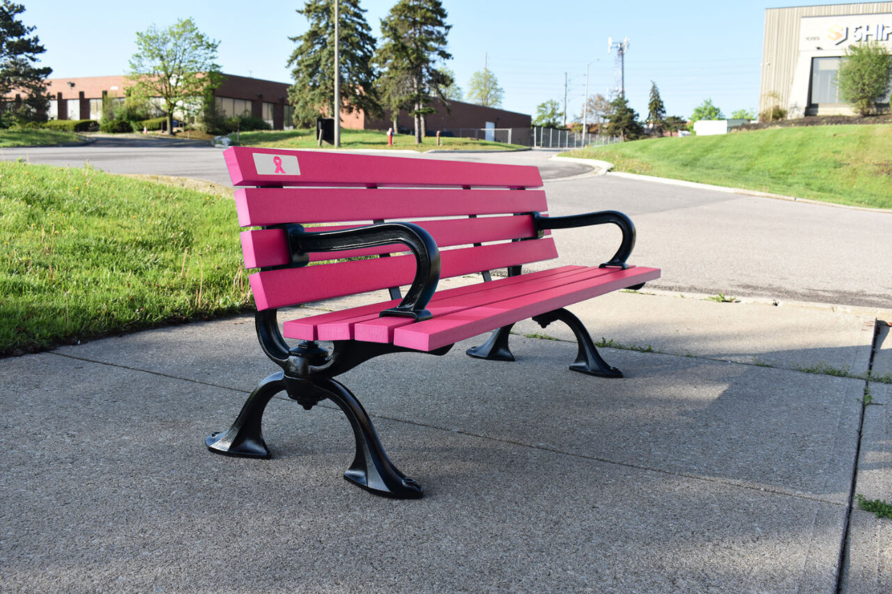 Pink breast cancer awareness bench installed in a Canadian community